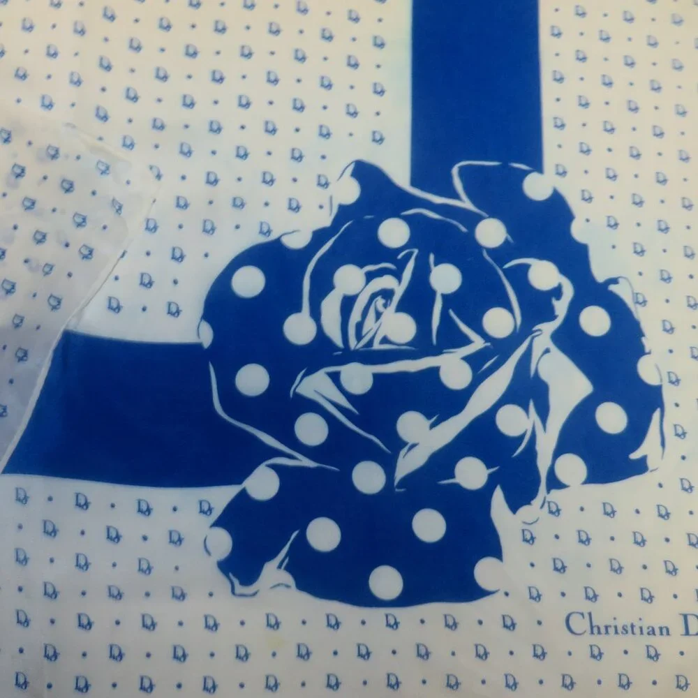 ❤️CHRISTIAN DIOR Blue White Polka Dot Logo Silk Scarf Shawl Wrap Plump Hem